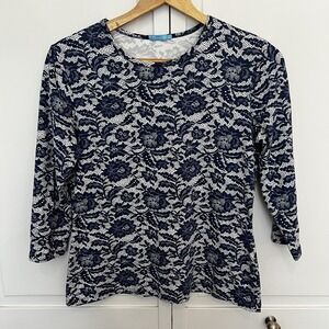 J. McLaughlin Shirt Women Medium Navy White Floral Lace Design 3/4 Sleeve Blouse